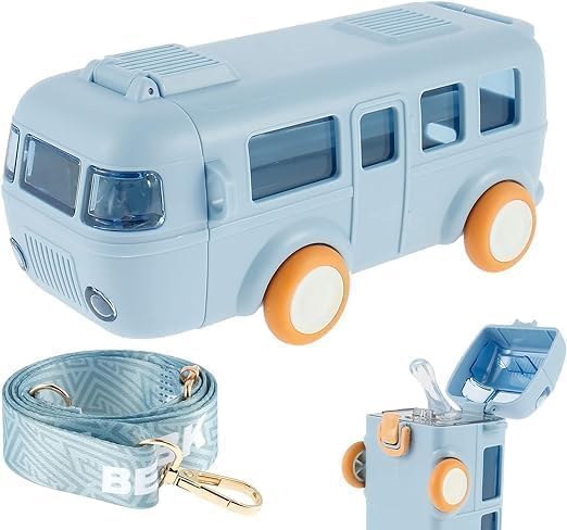 Bus Water Bottle for Kids with Strap, Sipper, & Straw | Leakproof, Bpa Free with Lock, 500 Ml | Tritan Water Bottle for School Kids | Cute Bus Shaped Water Bottle for Girls & Boys (Blue)