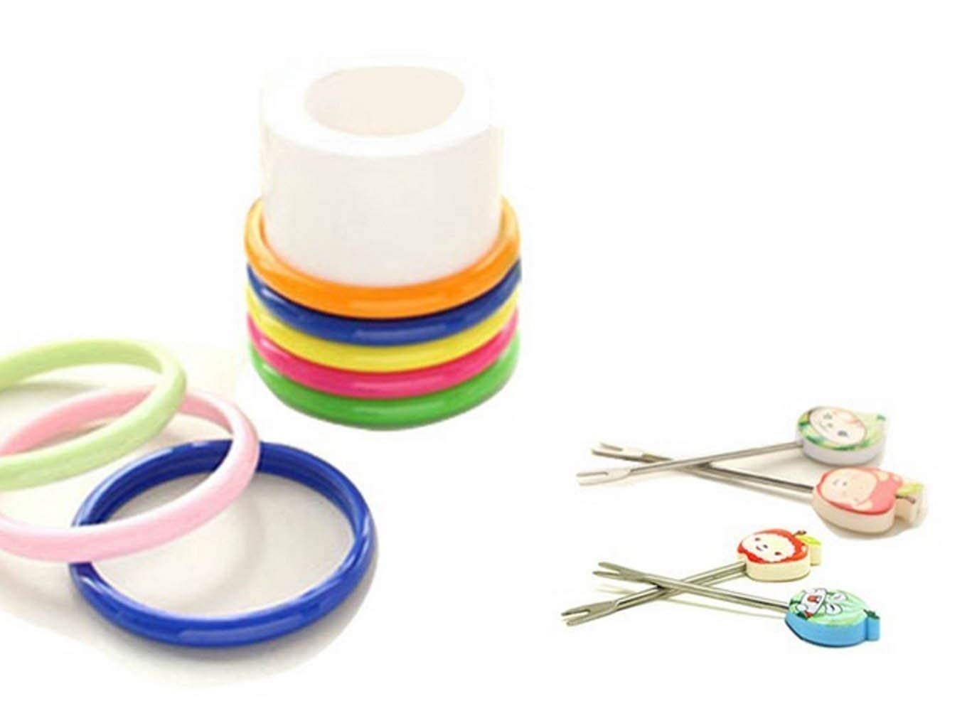 Colourful Ring Style Stainless Steel Fruit Fork Stand with 8 Cartoon Shape Suitable for Fruit-Salad, Multi Color