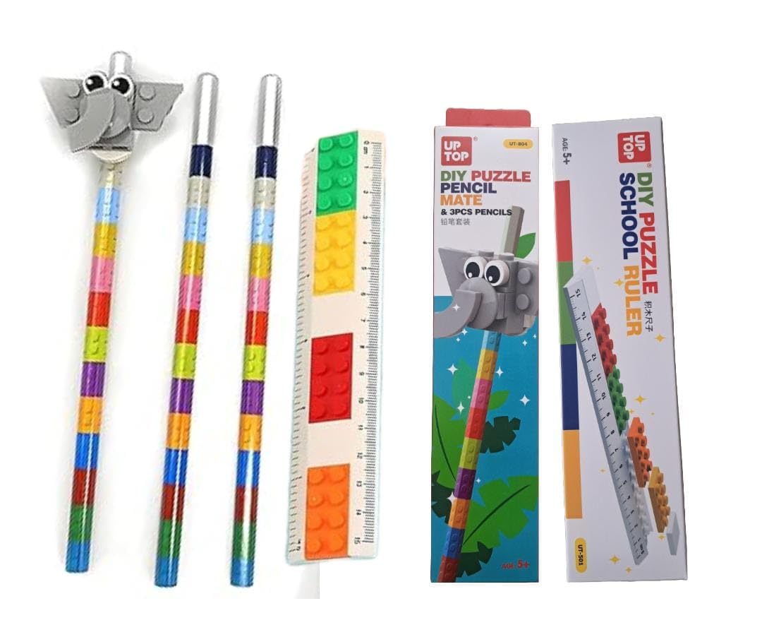 Puzzle Pencil Mate Educational fun with Ruler Scale and Pencil 2 in 1 Combo Stationery set For Kids | DIY Puzzle Ruler with 3 Pencil for Boys & Girls
