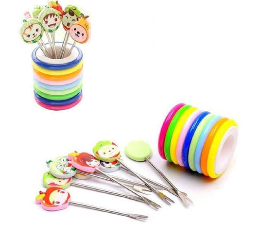 Colourful Ring Style Stainless Steel Fruit Fork Stand with 8 Cartoon Shape Suitable for Fruit-Salad, Multi Color