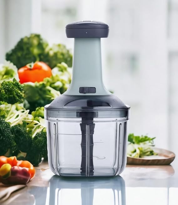 Manual Hand Press Push Chopper 1000 ML with 6 Blades for Effortless Chopping, Vegetables & Fruits Chopper Mixer Cutter to Cut Onion, Salad, Tomato, Potato – Handy Push Choppers, Kitchen Tool