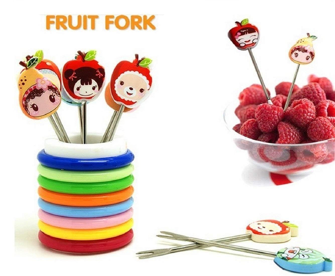 Colourful Ring Style Stainless Steel Fruit Fork Stand with 8 Cartoon Shape Suitable for Fruit-Salad, Multi Color