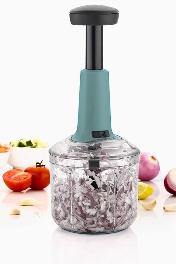 Manual Hand Press Push Chopper 1000 ML with 6 Blades for Effortless Chopping, Vegetables & Fruits Chopper Mixer Cutter to Cut Onion, Salad, Tomato, Potato – Handy Push Choppers, Kitchen Tool