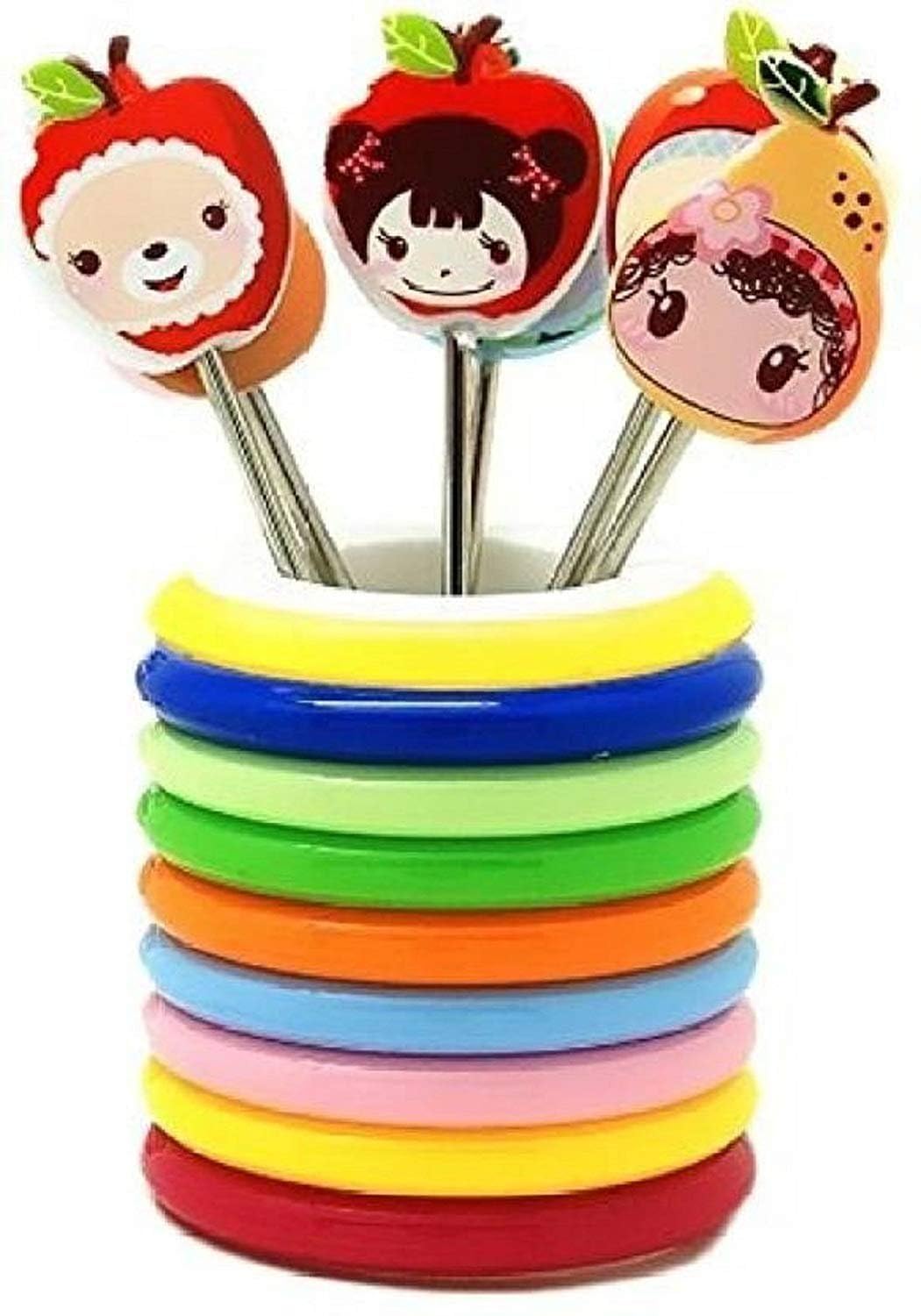 Colourful Ring Style Stainless Steel Fruit Fork Stand with 8 Cartoon Shape Suitable for Fruit-Salad, Multi Color