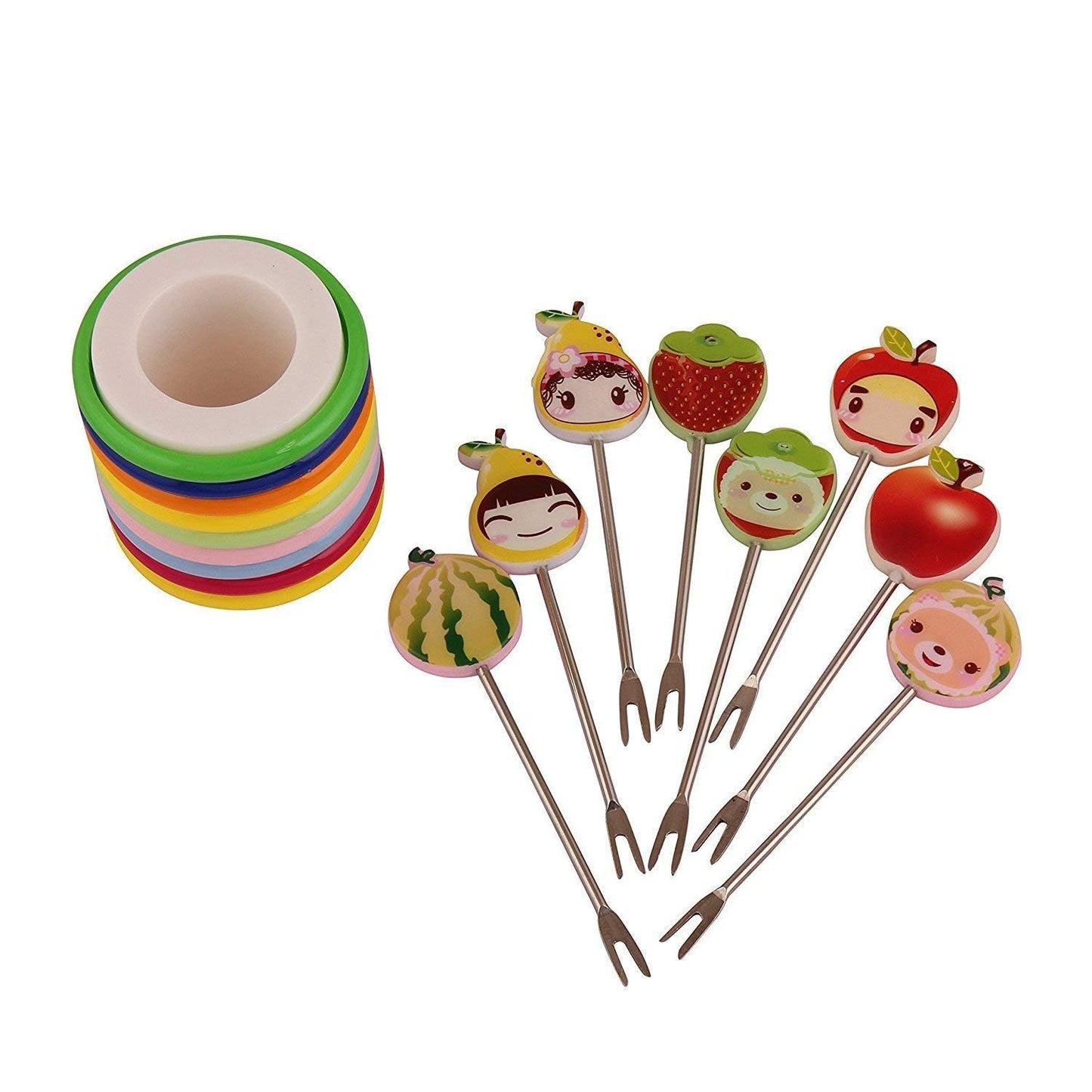 Colourful Ring Style Stainless Steel Fruit Fork Stand with 8 Cartoon Shape Suitable for Fruit-Salad, Multi Color