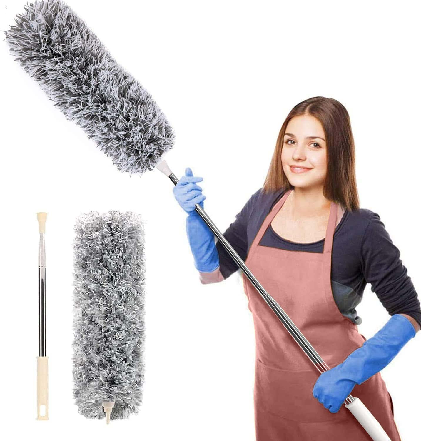 Microfiber Feather Duster Bendable & Extendable Fan Cleaning Brush with 100 inches Expandable Pole Handle Washable Mop for High Ceiling Fans,Window Blinds, Furniture (Standard)