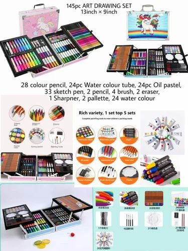 Unicorn Art & Craft Painting Box, Big Coloring Suitcase Multiple 145 Color Kit, Professional Drawing Water Color Pencils, Oil Pastel, Sketches & Acrylic Paint Brush for Girls and Boys