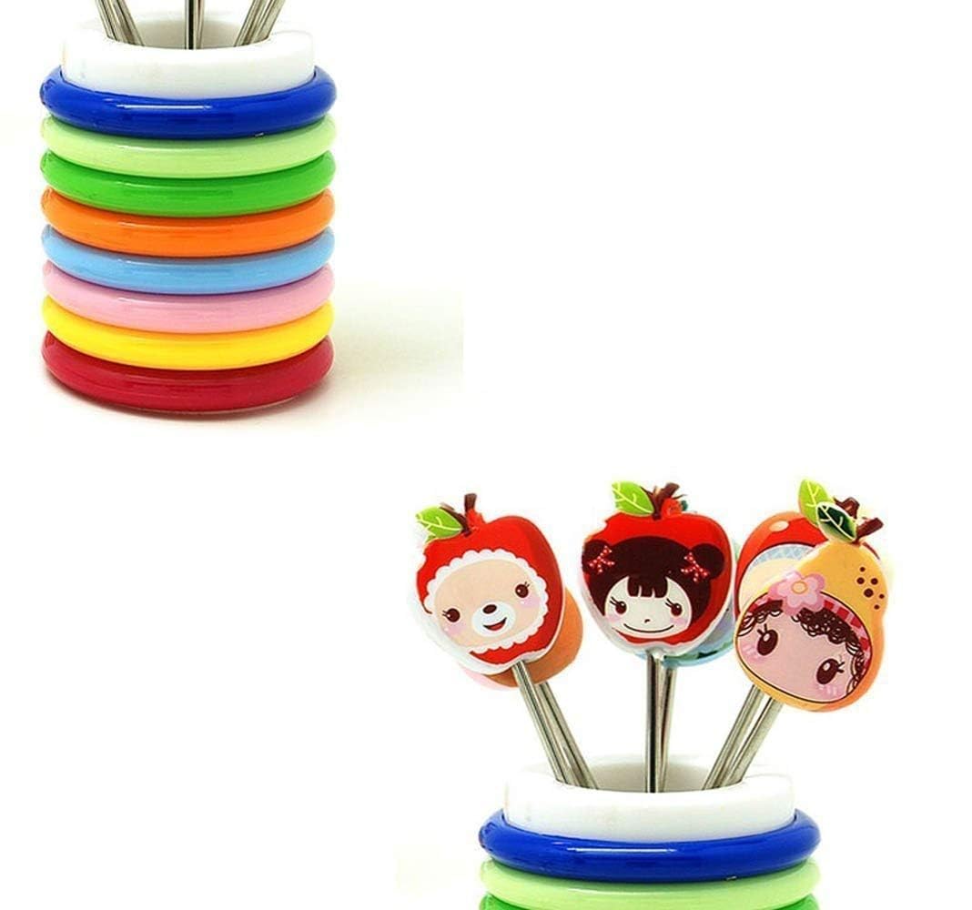 Colourful Ring Style Stainless Steel Fruit Fork Stand with 8 Cartoon Shape Suitable for Fruit-Salad, Multi Color
