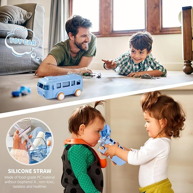 Bus Water Bottle for Kids with Strap, Sipper, & Straw | Leakproof, Bpa Free with Lock, 500 Ml | Tritan Water Bottle for School Kids | Cute Bus Shaped Water Bottle for Girls & Boys (Blue)